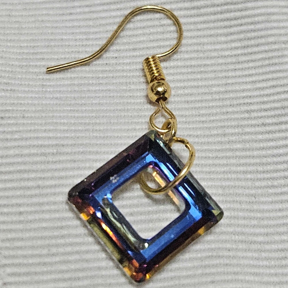 Handmade Dangling 14mm Swarovski Crystal "Cosmic Squares" Gold Fishhook Earrings - Picture 2 of 3